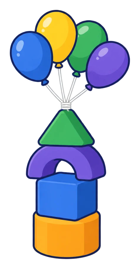 A tower of bright toy blocks with four balloons tied to the top.