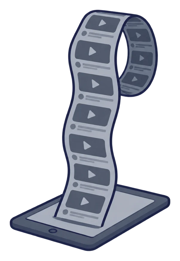 A tablet with an endless strip of grey video thumbnails curling up out of it.