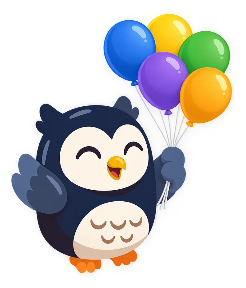 Ollie the owl, cheering, holding a bunch of five balloons.