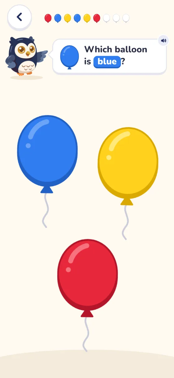 Colours: Ollie asks Which balloon is blue? Blue, yellow and red balloons float below.