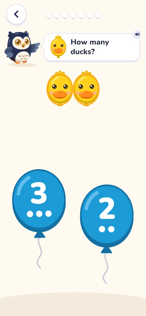How many?: Ollie asks How many ducks? Two ducks sit above balloons marked 3 and 2.