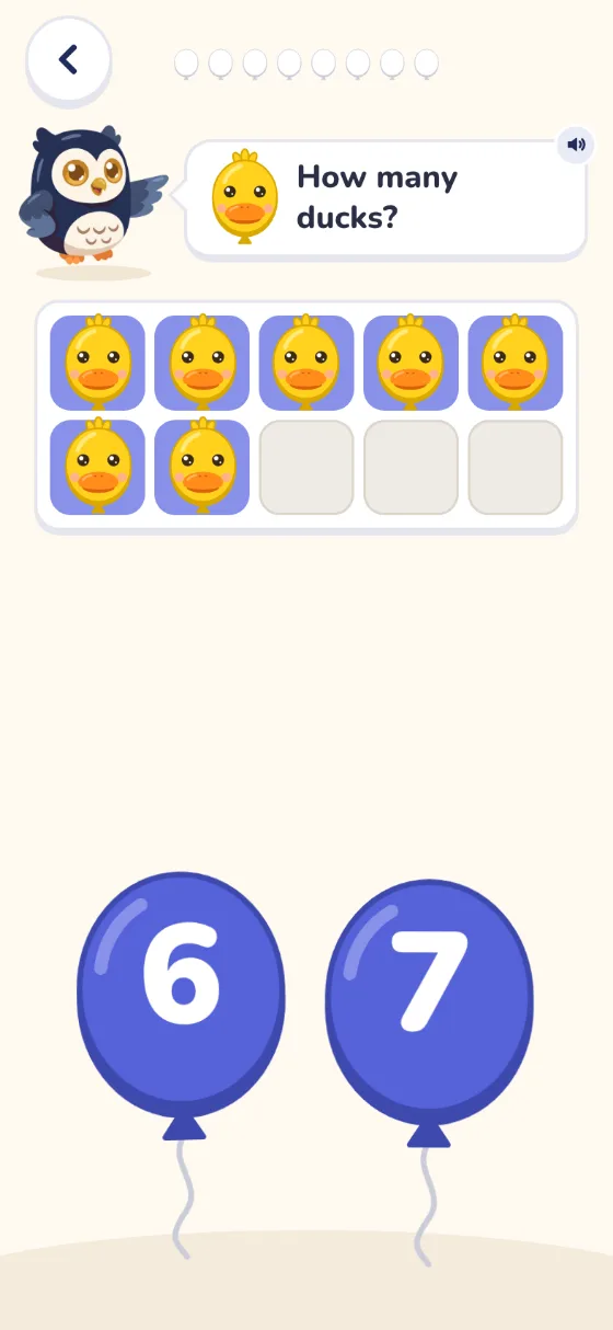 Count to 20: Ollie asks How many ducks? Seven ducks sit in a box of ten, above balloons marked 6 and 7.