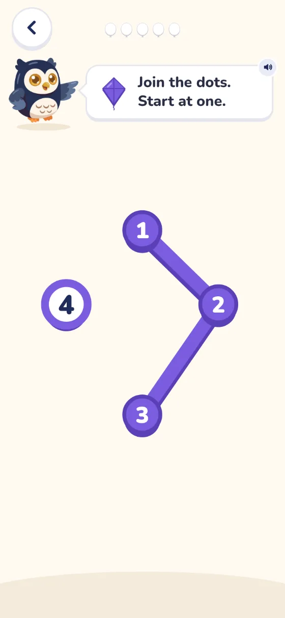 Join the dots: Ollie says Join the dots, start at one. Dots one, two and three are joined, and dot four waits.