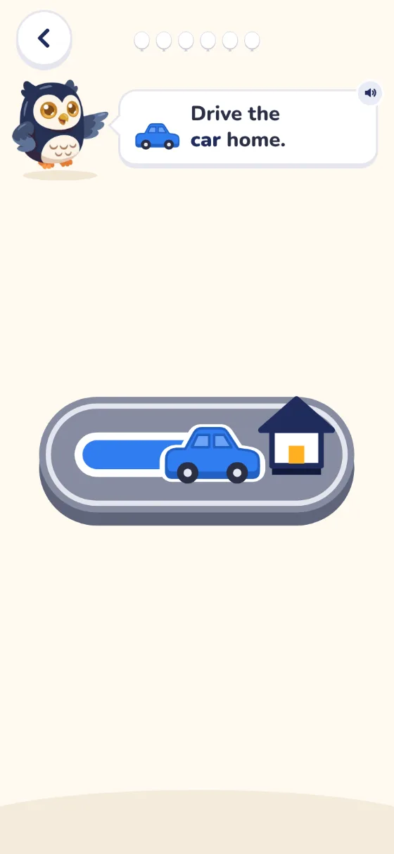 The Drive game: Ollie says Drive the car home, and a blue car is half way along a grey road to a little house.