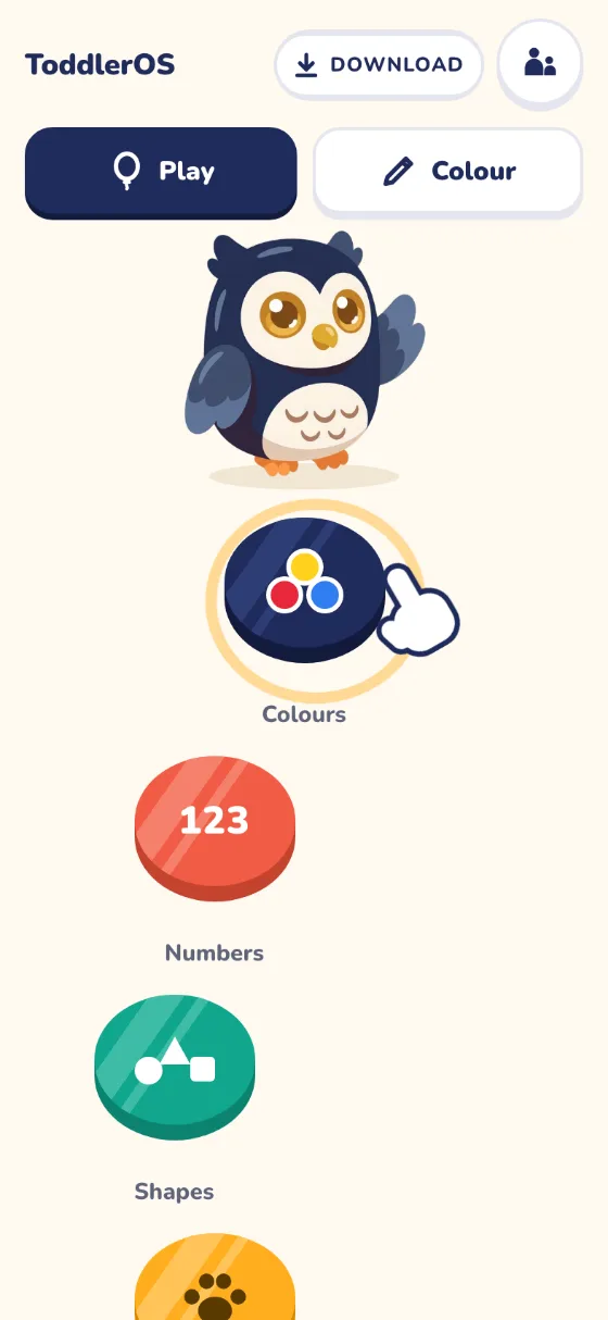 The app’s home screen: Ollie stands above the first game on the path, Colours, which pulses, with Numbers and Shapes below.