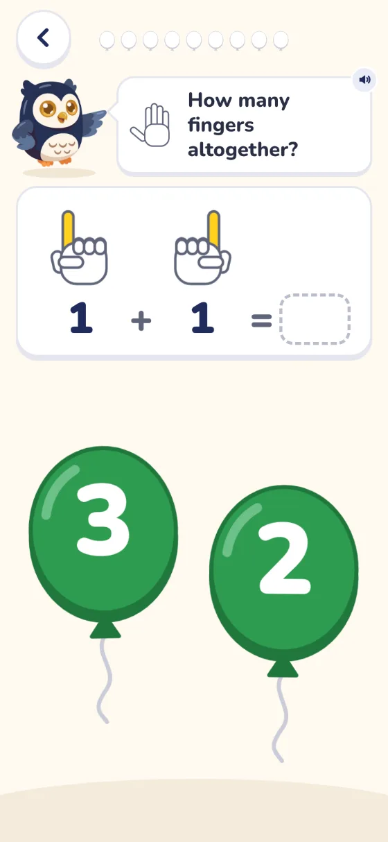 Adding: two hands each hold up one finger, above 1 + 1 = and an empty box. Balloons marked 3 and 2 wait below.
